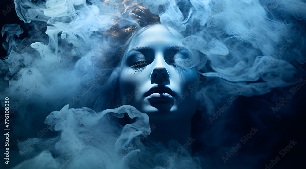 Mysterious woman in smoke or fog with beautiful hair portrait monochrome style, blue color Mysterious woman in smoke or fog with beautiful hair portrait monochrome style, blue color