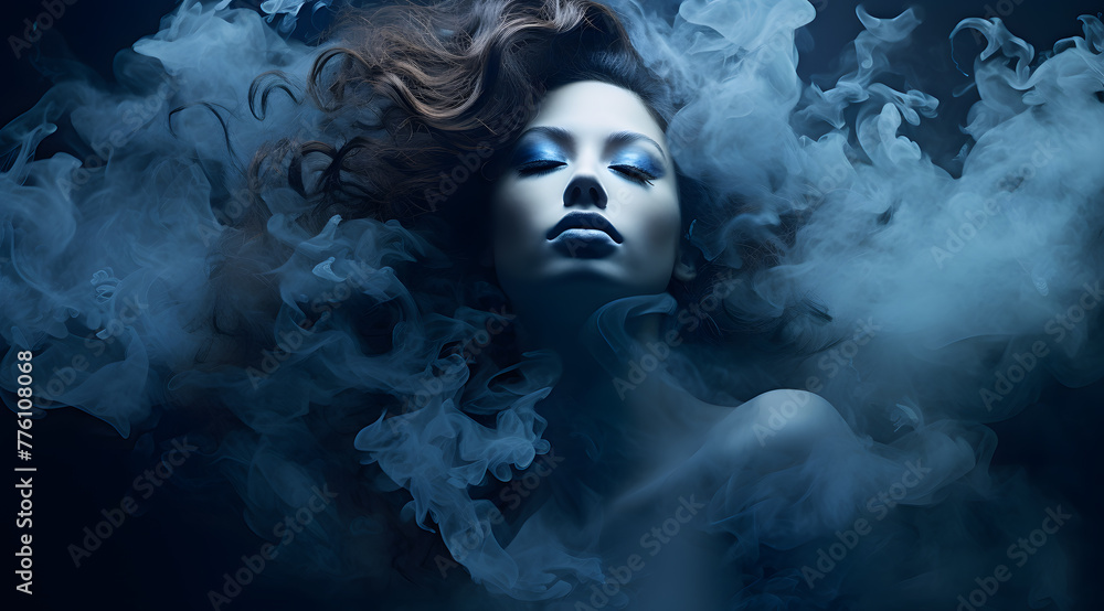 Mysterious woman in smoke or fog with beautiful hair portrait monochrome style, blue color