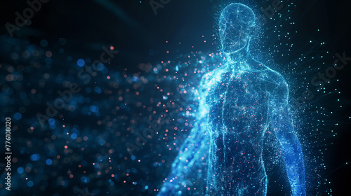 Striking representation of a human body composed of countless luminous blue particles, signifying concepts such as connection, network, or digital life form © Armin