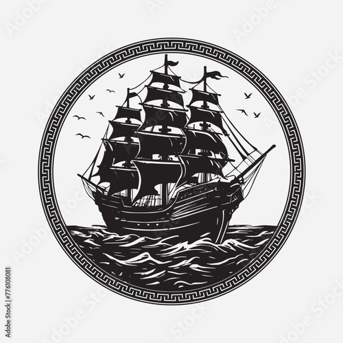 Sailing ship silhouette at sea in Greek key round frame vector