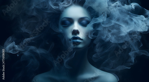 Mysterious woman in smoke or fog with beautiful hair portrait monochrome style, blue color