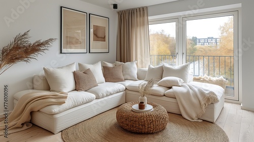 Stylish designer interior of a living room with a corner sofa in milky white tones in a minimalist style. bright room with a large floor-to-ceiling window