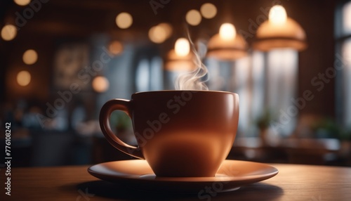 A warm cup of coffee with steam rising sits on a wooden table  encapsulating a moment of relaxation in a dimly lit cafe setting with hanging lights.