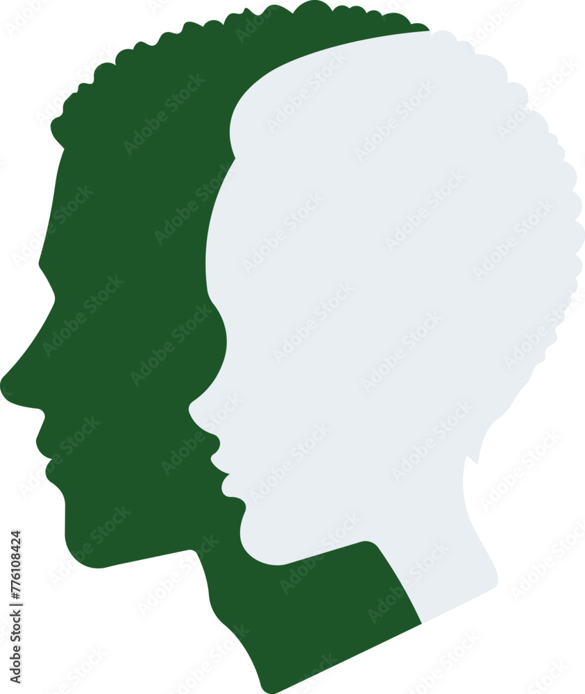 profile of a beige woman's head against the background of a profile of a man's green head
