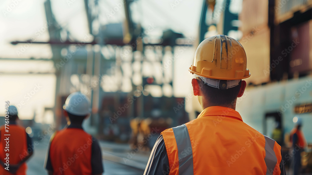 Back view shot of workers at the shipping port background, international shipping Back view shot of workers at the shipping port background, international shipping