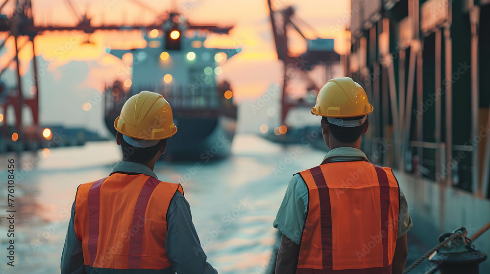 Back view shot of workers at the shipping port background, international shipping Back view shot of workers at the shipping port background, international shipping