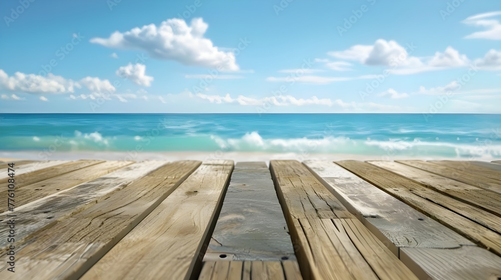 The blur cool sea background with wood floor foreground on horizon tropical sandy beach; relaxing outdoors vacation with heavenly mind view at a resort deck touching sunshine, sky surf summer clouds.