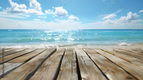 The blur cool sea background with wood floor foreground on horizon tropical sandy beach  relaxing outdoors vacation with heavenly mind view at a resort deck touching sunshine, sky surf summer clouds. © Hem
