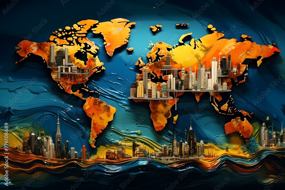 Colorful 3D Oil Painted Map: A Vibrant Perspective of Global Interconnectedness