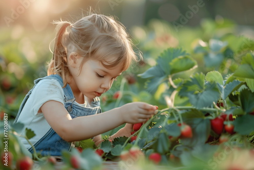 A little girl picking berries. U-Pick Farms concept