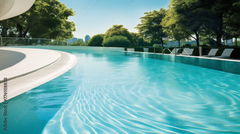 The aqua pool reflects the refreshing summer sunlight