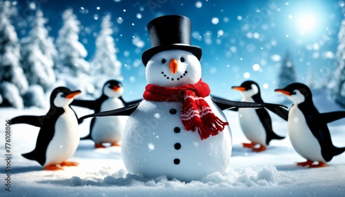 A festive snowman wearing a top hat and scarf is joyfully surrounded by playful penguins under a magical night sky  perfect for winter-themed imagery.