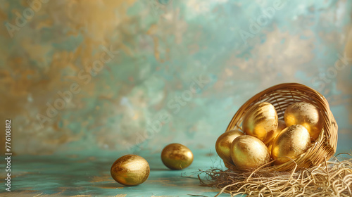 Golden eggs and the basket, investment concept of don't put eggs in one basket, diversify on investment and portfolio management