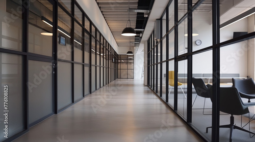 A modern office interior showcasing sleek partitions dividing the workspace