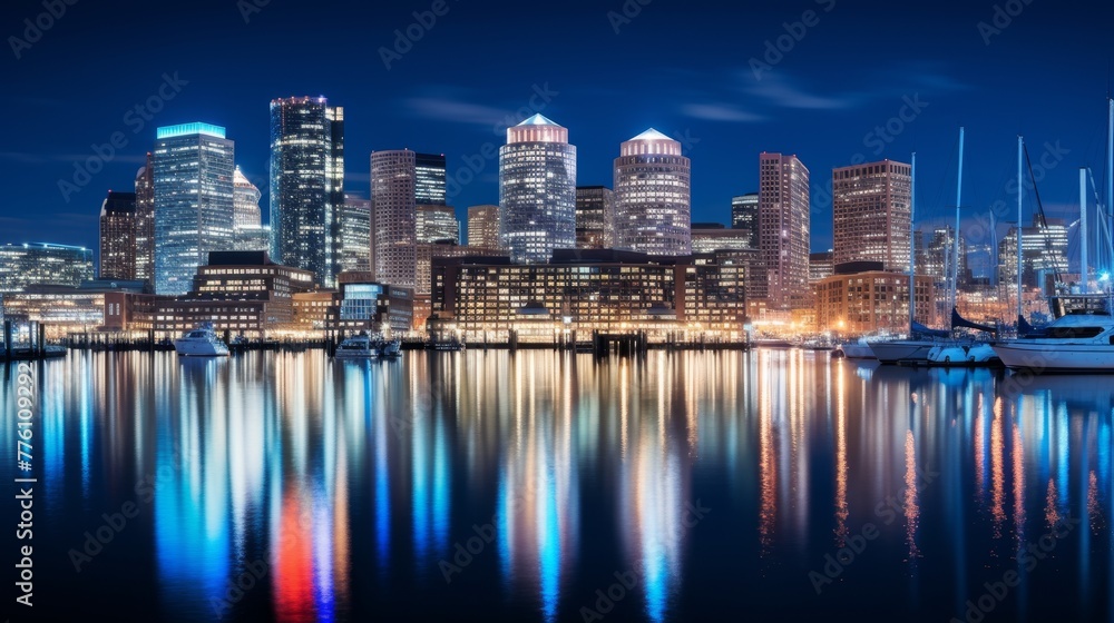 City illuminated skyline reflects over the harbor at night