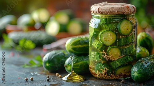 Glass jar holds pickled cucumbers, accompanied by a nearby drop of tangy vinegar
