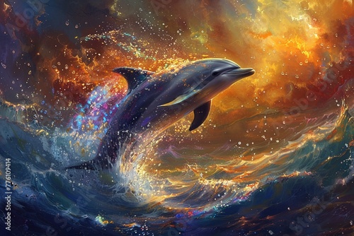 Majestic dolphin arching through rainbowhued splashes, under a golden sunset, embodying freedom and beauty photo