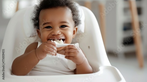 A baby is sitting in a high chair and eating photo