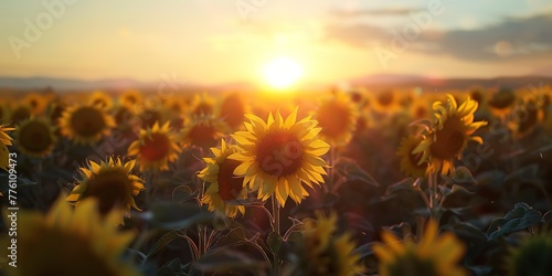 Sunflower field, late bloomers against setting sun, farewell summer banner 