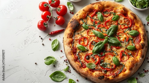 Indulge in a delectable pizza adorned with fresh herbs and peppers for a savory delight