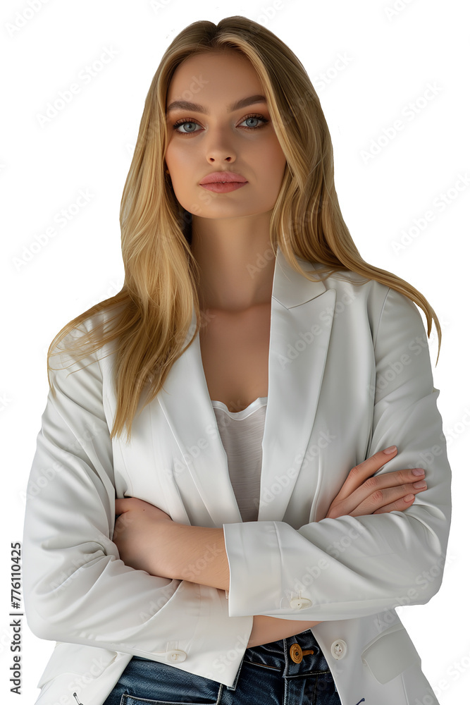A fictional person, blond woman dressed in a white jacket and jeans stands in a business pose with her arms crossed. Generative AI. A fictional person, blond woman dressed in a white jacket and jeans stands in a business pose with her arms crossed. Generative AI.