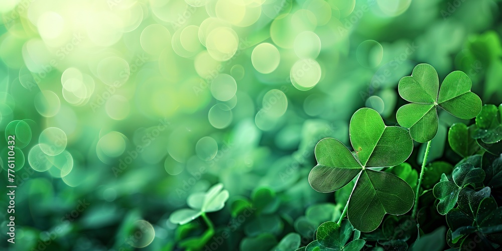 Shamrocks on green background, soft focus, vibrant for St. Patrick's Day banner 