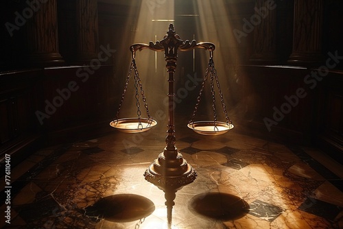 Scales of justice, the lone source of light in a dark courtroom, casting long shadows Symbolic of judiciary power photo