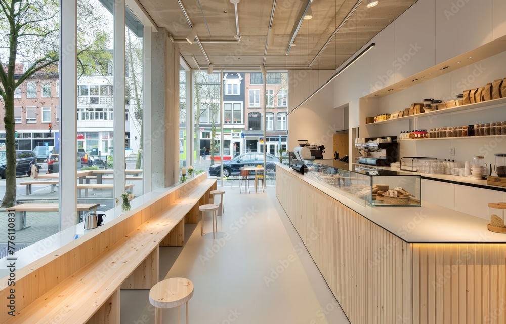 Coffee Shop with Minimalist Benches and Glass Tables