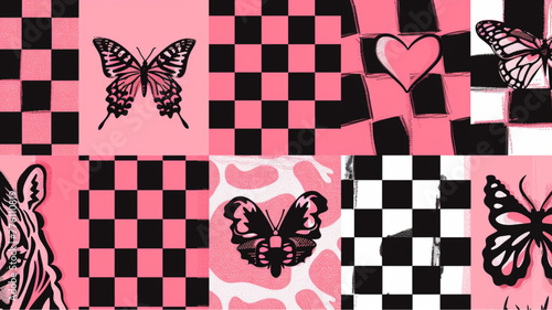 Y2k glamour pink seamless patterns. Backgrounds in trendy emo goth 2000s style. Butterfly, heart, chessboard, mesh, leopard, zebra. 90s, 00s aesthetic. Pink