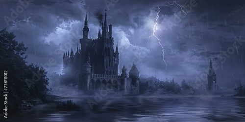 Gothic castle, lightning strike, dramatic and spooky setting for Halloween  photo