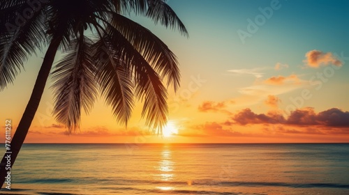 Tropical Sunrise - Palm Silhouettes and Serene Ocean 