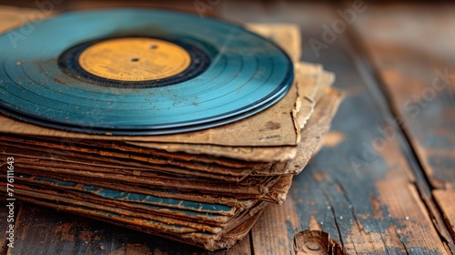 A stack of vintage records arranged neatly on top of a rustic wooden table