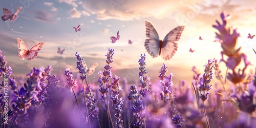 Wallpaper Mural Butterflies over lavender field, dreamy aesthetic, perfect for Mother's Day banner Torontodigital.ca
