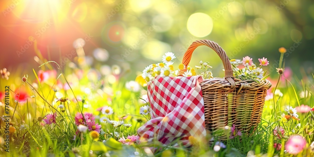 Picnic basket on spring meadow, vibrant and cheerful, for Mother's Day frame Picnic basket on spring meadow, vibrant and cheerful, for Mother's Day frame