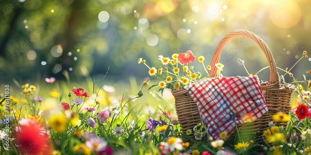 Picnic basket on spring meadow, vibrant and cheerful, for Mother's Day frame Picnic basket on spring meadow, vibrant and cheerful, for Mother's Day frame