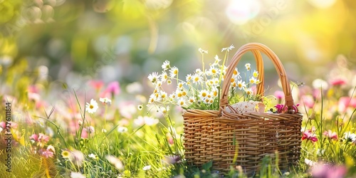 Picnic basket on spring meadow, vibrant and cheerful, for Mother's Day frame 