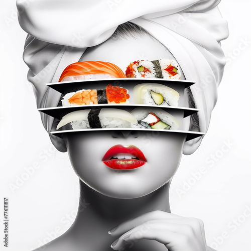 Beautiful woman with sushi on the head.  photo