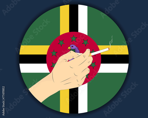 Holding a cigarette with Dominica flag, smoking and addiction idea