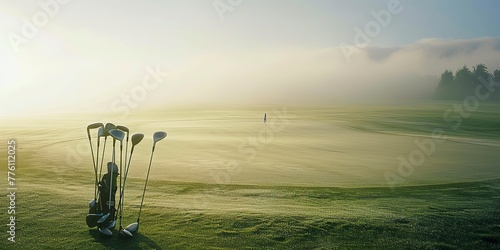 Golf clubs on green, early morning mist, wide angle for Father's Day banner 