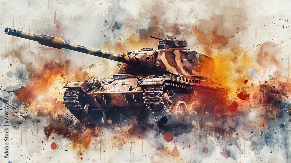 Dramatic watercolor painting of a tank in action, blending historical warfare with artistic expression