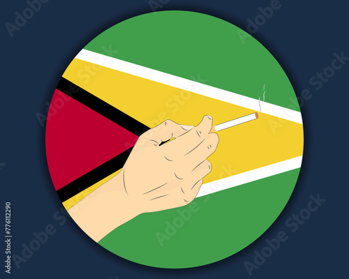 Holding a cigarette with Guyana flag, smoking and addiction idea