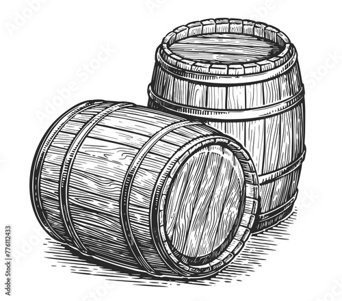 Wood barrels for alcoholic beverages. Oak kegs with wine or beer. Hand drawn engraving style illustration