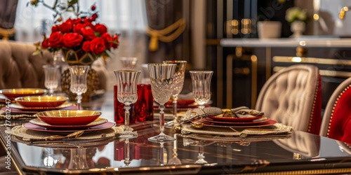 Background from a Luxury Dining Room - Ruby Dining Room Tapestry - A Blend of Luxury and Modern Comfort - Dining Room Interior in the Ruby Gold Red Style created with Generative AI Technology