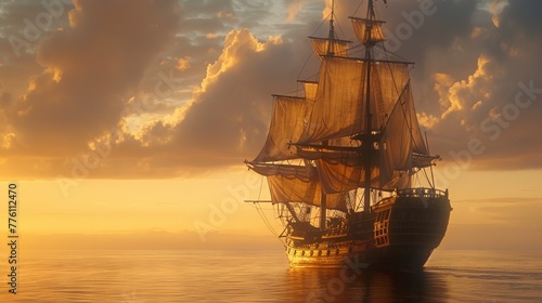 Grand 15th-century warship captured at golden hour with sunlight reflecting on calm seas and clouds above photo