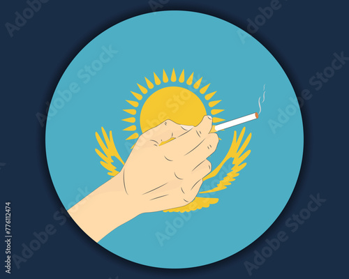 Holding a cigarette with Kazakhstan flag, smoking and addiction idea