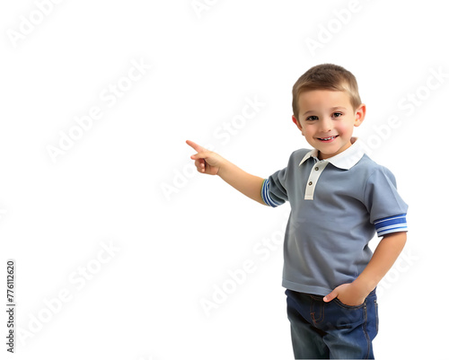 little boy with empty pointing lifted up hand,
