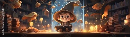 Baby wizard in an otherworldly library, books floating, warm light, eye-level, cozy feelWatercolor tone, pastel, 3d animator