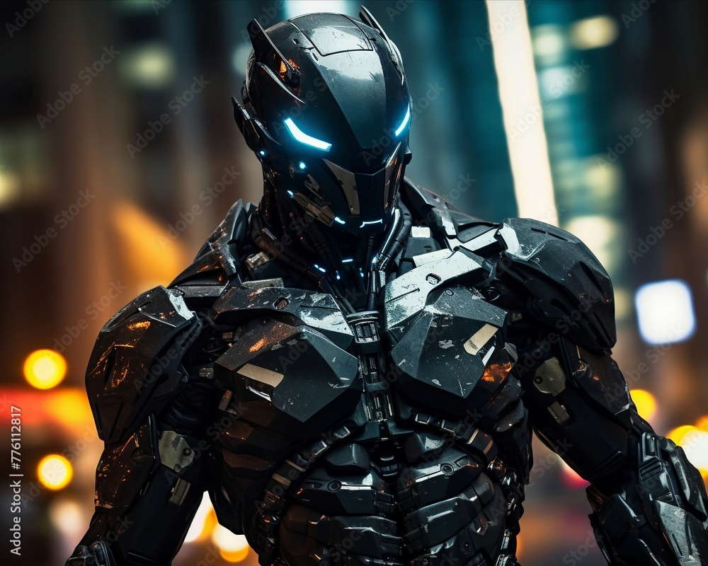 Cybernetic warrior, armored, futuristic, standing amidst a bustling cityscape, showcasing incredible strength and agility Realistic, silhouette lighting, motion blur Cybernetic warrior, armored, futuristic, standing amidst a bustling cityscape, showcasing incredible strength and agility Realistic, silhouette lighting, motion blur