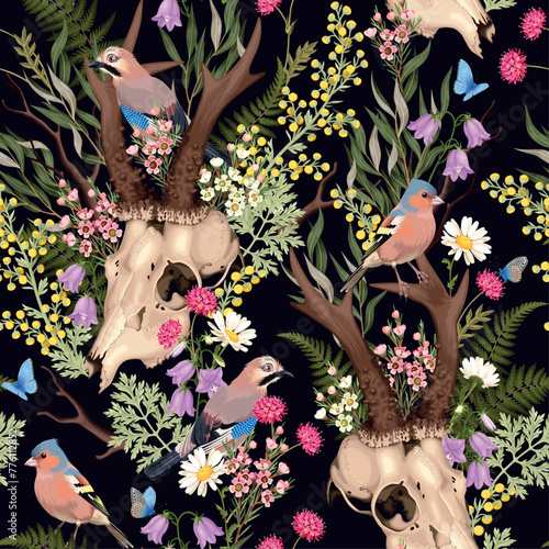 Deer skulls and flowers seamless background