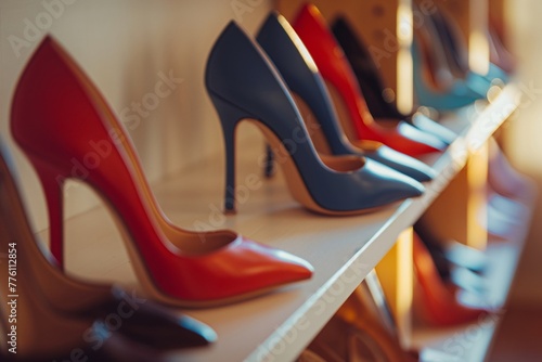 Women's high-heeled shoes are displayed on shelves in a bright room, creating an elegant and stylish image. Their color easily attracts attention and adds sophistication